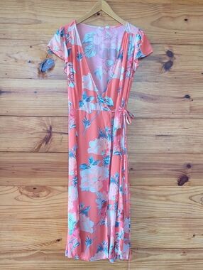 Gap Floral Coral Wrap Dress with Tie Waist Size xsp